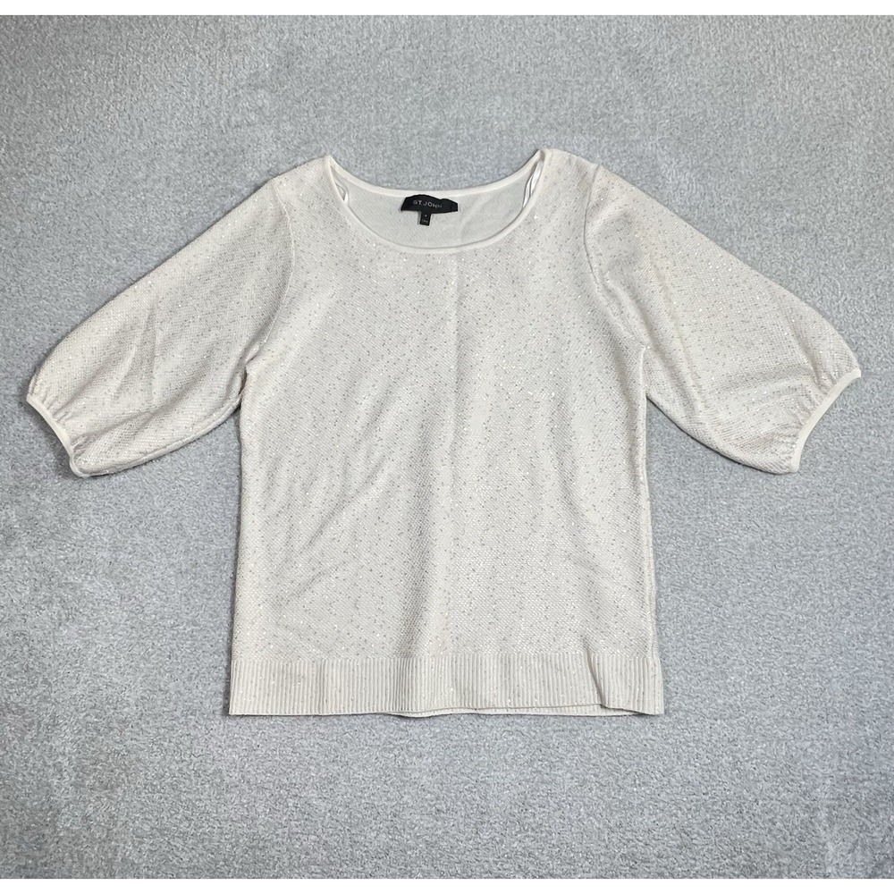 St John Cream Silver Sequine Blouse‎ Women's Balloon Sleeve Top Size Medium